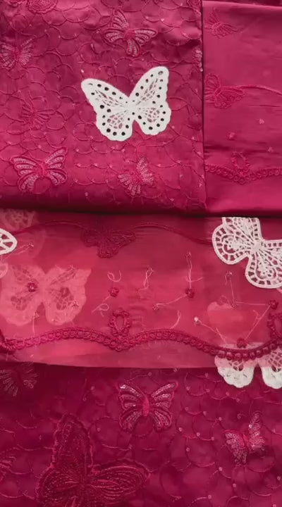 Lawn butterfly 2 PC chikankari with sequins work-Meroon